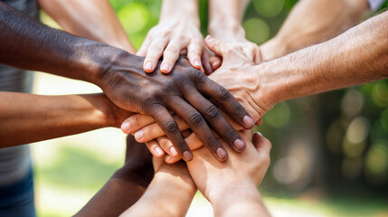 Diverse hands stacked in unity, symbolizing teamwork and cooperation in a bright outdoor setting