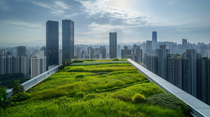Fototapeta premium Green Rooftop Garden on a Skyscraper, overlooking the metropolis, copy space background