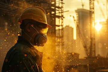 Fototapeta premium Futuristic firefighters deploy drones to survey a chemical spill, utilizing advanced hazard detection tech. Neutral-toned urban backdrop with skyscrapers in the distance.