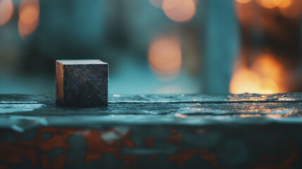 Metal cube on wet table with colorful bokeh background, industrial object in artistic setting, abstract urban design, perfect for technology and industry themes