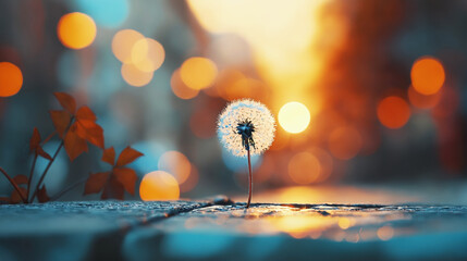 Dandelion flower at sunset with vibrant bokeh lights, magical evening atmosphere, delicate plant in urban setting, perfect for nature and cityscape themes
