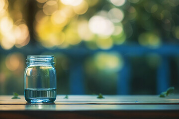 Glass jar with water on wooden table in outdoor bokeh background, serene nature scene, peaceful and tranquil setting, suitable for relaxation and mindfulness themes