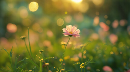 Pink daisy in a sunlit field with blurred background, capturing the beauty of nature and tranquility