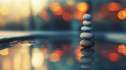 Stacked pebbles in a serene reflective water setting with bokeh background, symbolizing balance and tranquility