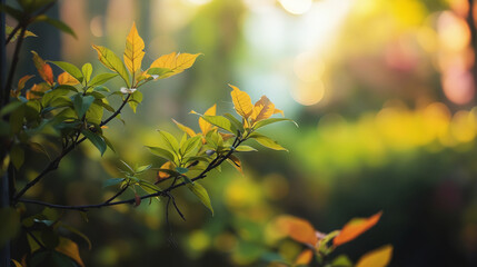 Vibrant green foliage with sunlight and bokeh close up of leaves in garden natural beauty and tranquility