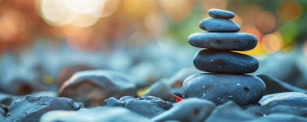 Balanced stacked stones with soft focus and bokeh background serene and tranquil nature scene meditation and zen garden concept