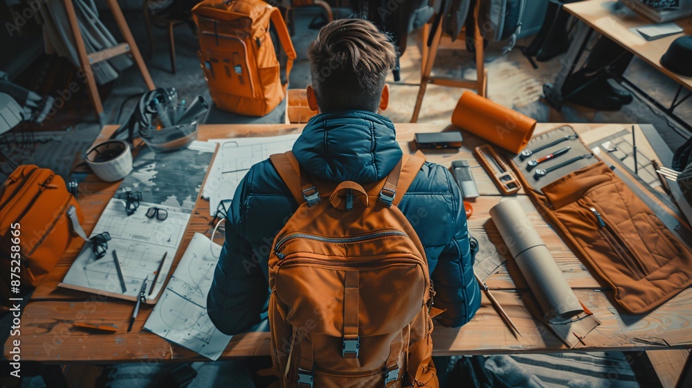 Poster a backpack designer in a modern workspace, examining different types of zippers and materials for a 