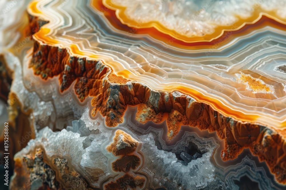 Poster a detailed close-up of a slice of agate stone, revealing intricate patterns that are truly mesmerizi
