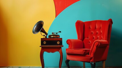 Classic gramophone on red armchair isolated on colorful background