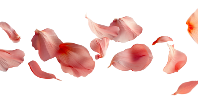 Floating  pink red rose petal isolated on white. Background concept for love greetings on valentines day and mothers day. Copy space for text, transparent background png