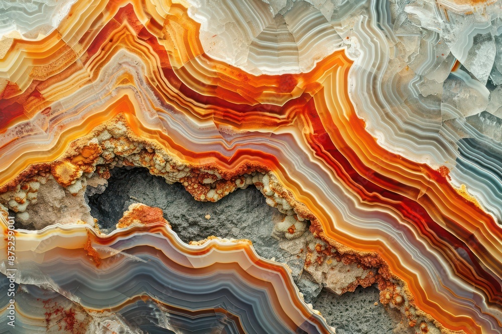 Poster detailed close-up of a slice of agate stone displaying intricate designs.
