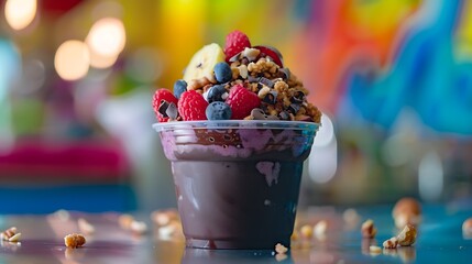 close up of acai or a? section a? cup with topping chocolate and nuts on colorful background
