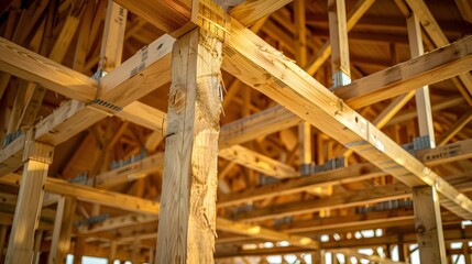 Wooden Framework of House Under Construction with Structural Elements
