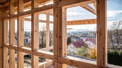 Wooden framework of a house under construction with tools and materials