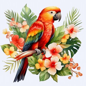 recommend clip art: Watercolor Parrot Clipart with Flowers on White Background