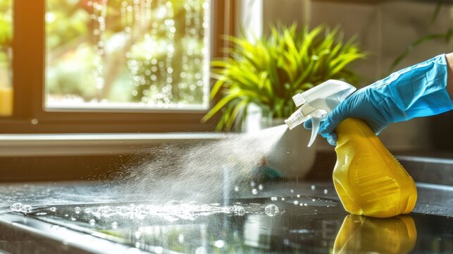Cleaning home table sanitizing kitchen table surface with disinfectant spray bottle washing surfaces with towel and gloves. COVID-19 prevention sanitizing inside.