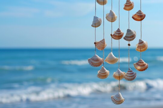 A seashell mobile hanging in the breeze with the beach in the background