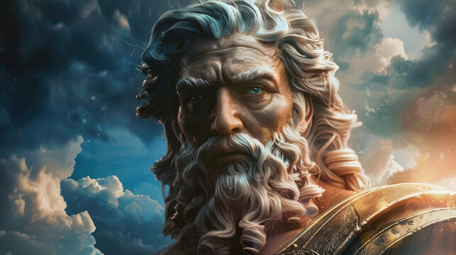 Mythical Greek god depicted in a dramatic sky, embodying strength and wisdom - Powered by Adobe