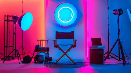 Director's chair, ring lights, digital camera with laptop and hats on colorful background