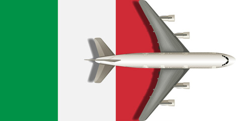 Flag of Italy with an airplane flying over it. Vector image.