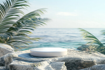 Obraz premium White round podium on a stone rock with blue sea background for summer product presentation mockup