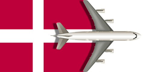 Denmark flag with an airplane flying over it. Vector image.