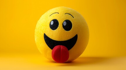 emoji with stuck out tongue smiley face on yellow background