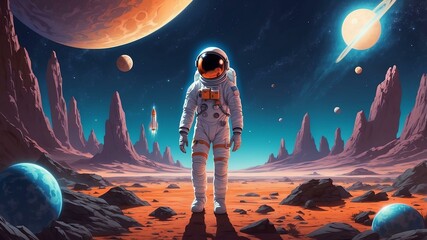 Fototapeta premium outer space odyssey astronauts alien encounters and co flat banner theme