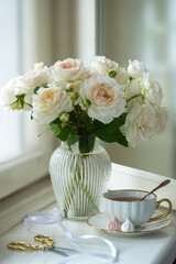 A cup of aromatic tea, a book and a rose on the table. May June July August.