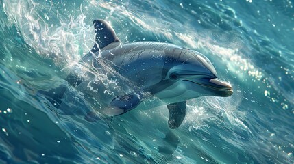 Naklejka premium Surreal Dolphin Swimming in a Vibrant,Fantastical Ocean Underwater Landscape