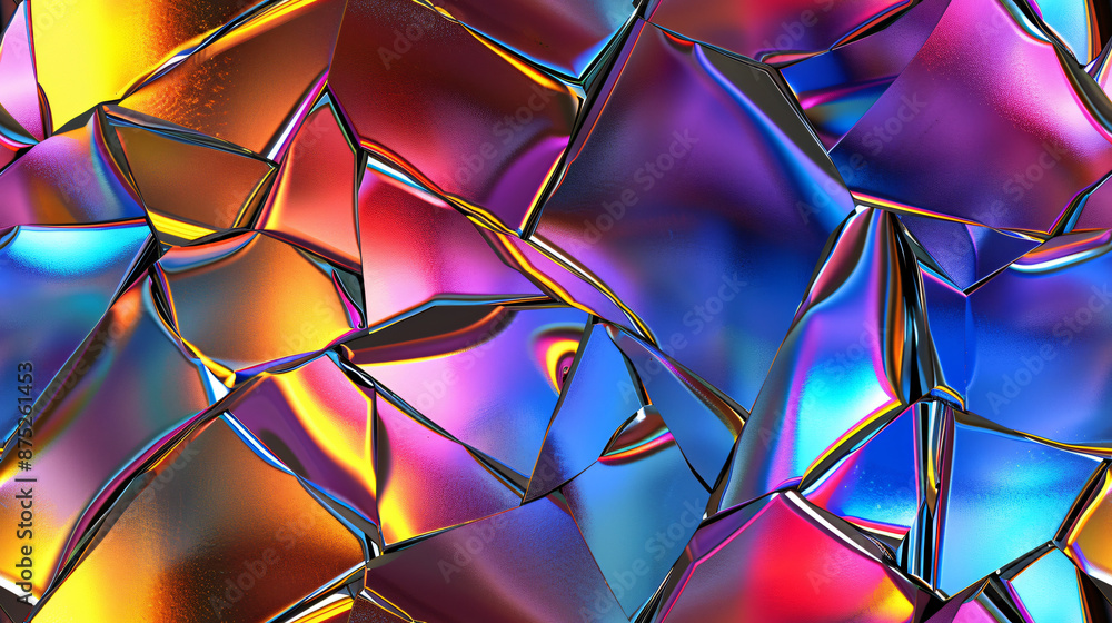 Poster chaotic crystal structure with a colorful light reflection in an abstract background