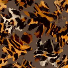 Abstract Hand Drawing Poppy Pansy Exotic Flowers and Leaves with Watercolor Tie Dye Leopard Skin Texture Seamless Pattern Isolated Background