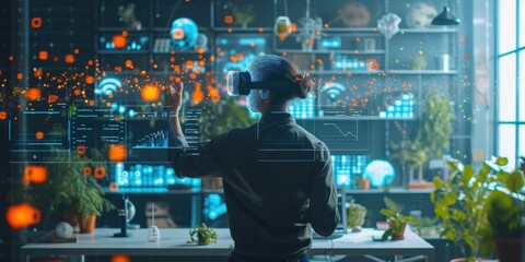 Skilled scientist using innovation technology to searching and analyzing data. Smart business man with VR glasses looking and planning marketing while checking stock market chart holographic. AIG42.