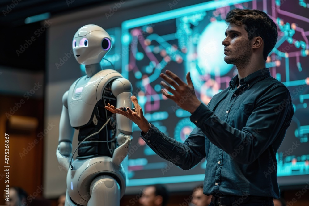 Poster a businessman talks with an ai robot in a futuristic setting, combining advanced technology and huma