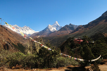 View onto the monastery of the Tengboche village with a prayer flag in the foreground and the peaks...