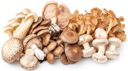 A beautiful photo of an assortment of mushrooms, including shiitake and button mushrooms, focus cover all object, deep dept of field