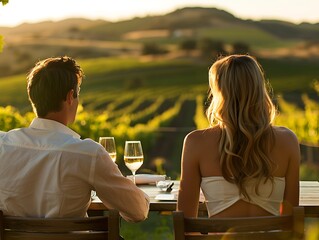 DINK couple at a vineyard, sampling wine and enjoying the scenic views, copy space for text, focus cover all subject, deep depth of field, nodust