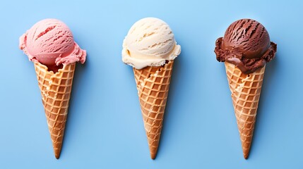 Strawberry chocolate and vanilla ice cream in sugar cones on blue background