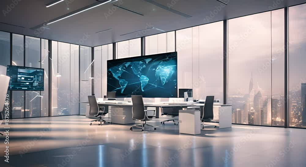 Poster a futuristic office space with glass walls and a large digital screen displaying a network of connec
