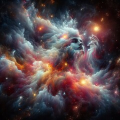 Discover the ethereal beauty of Orion the Hunter, captured in a mesmerizing celestial scene. This image features vivid colors, smoke effects, sparkles, and glitter, creating a ghostly and captivating 