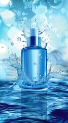 Cosmetic product blue  on water white surface abstract white background waves