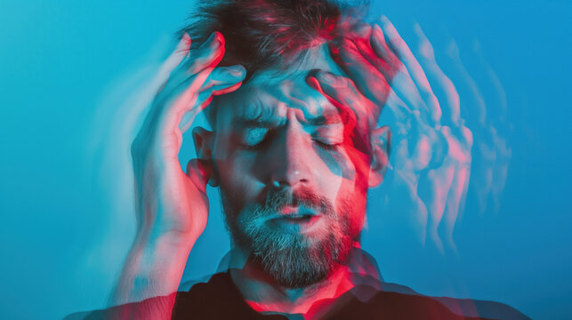Man with closed eyes holding his head in his hands against a blue background