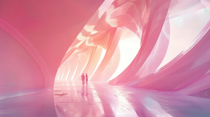 Two figures in a futuristic tunnel with pink and white light, innovative