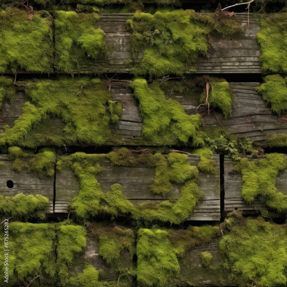 Poster old wooden wall, green moss. seamless texture.