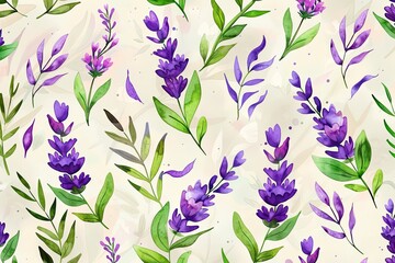 Beautiful watercolor lavender floral pattern with green leaves on a light background, perfect for fabric, wallpaper, or digital designs