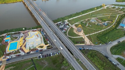 Kuching, Malaysia - July 6 2024: The Batu Kawah Riverbank Park