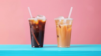 Two plastic cup of iced black coffee and iced coffee latte on wood table in coffee shop isolated on pink and blue background