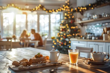 Sunlit Kitchen With A Decorated Christmas Tree And Breakfast Spread On The Table,