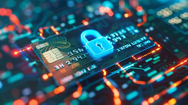 Secure online payment concept featuring a digital lock icon and a credit card on a screen