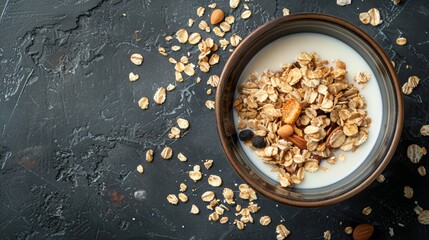 Plain oatmeal porridge in bowl. Healthy vegan vegetarian breakfast food, whole grain porridge oats